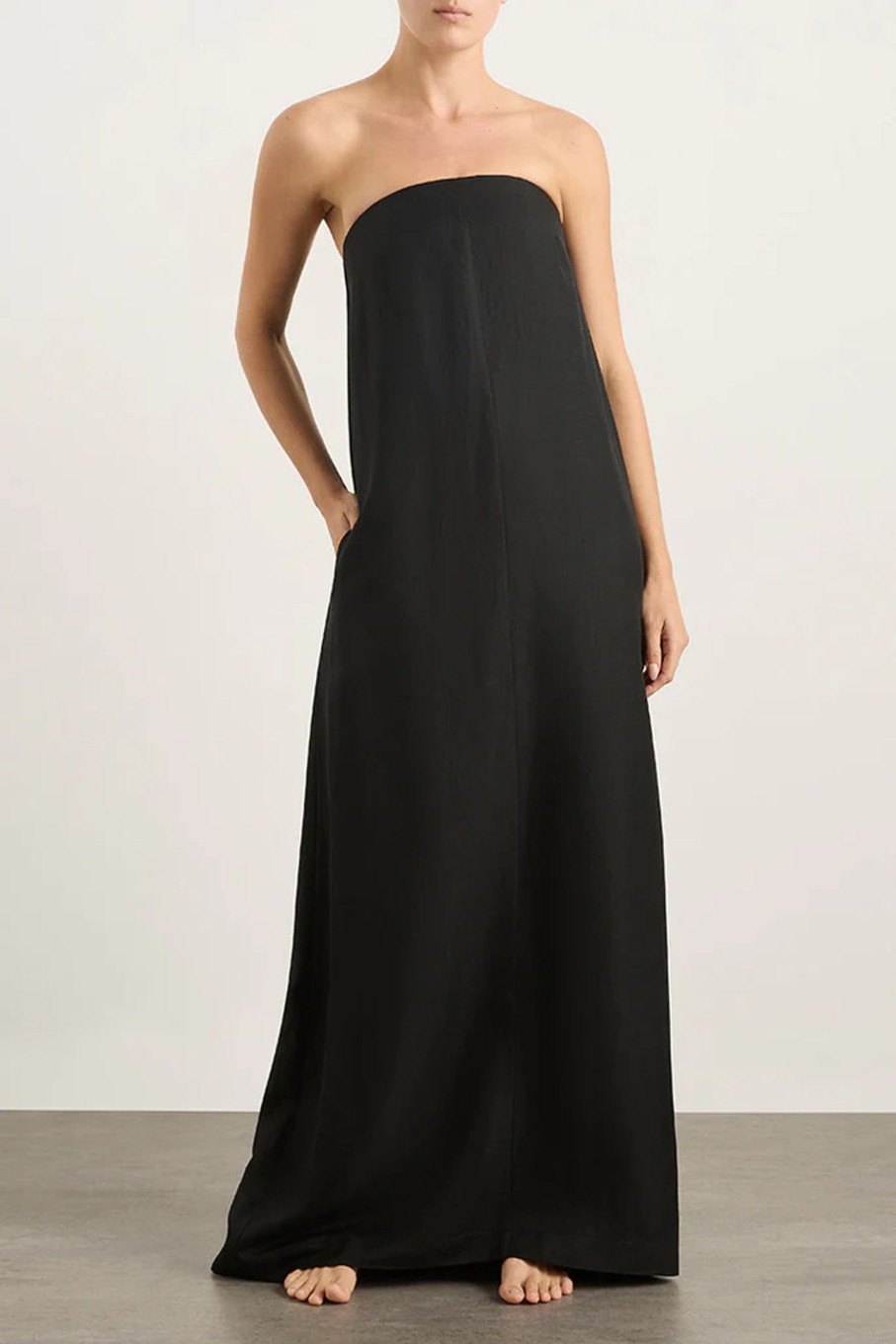 Clothing BONDI BORN | Bormio Linen Blend Strapless Maxi Dress Black