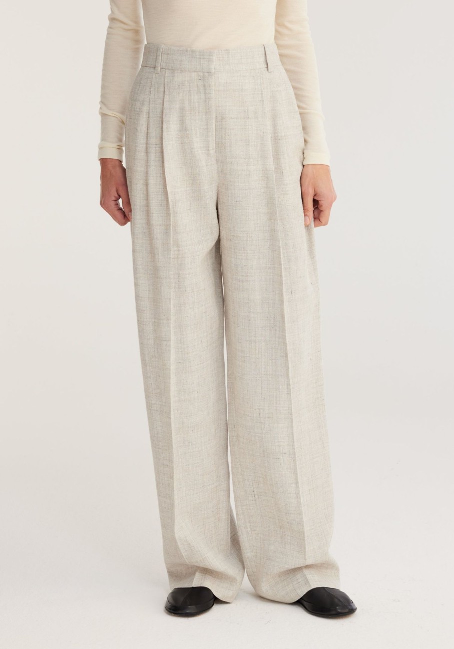 Clothing RÓHE | Wide Leg Pleated Trousers Stone Melange