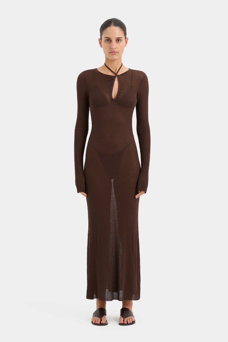 Clothing SIR | Emmeline Halter Long Sleeve Dress Chocolate